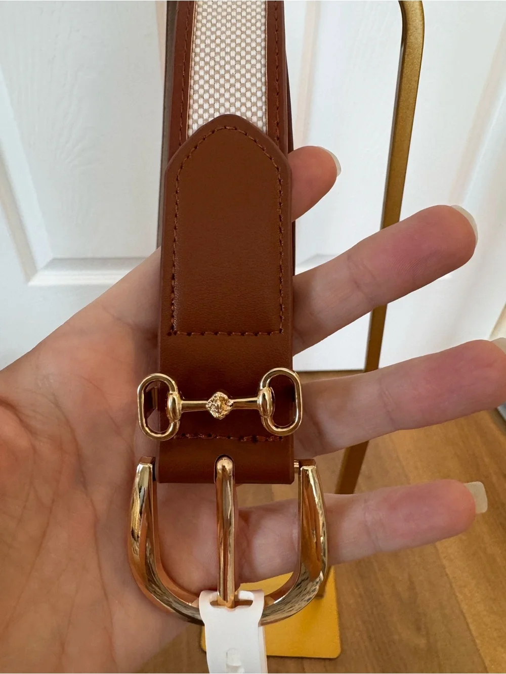 Tan canvas Horsebit belt gold snaffle bit buckle equestrian